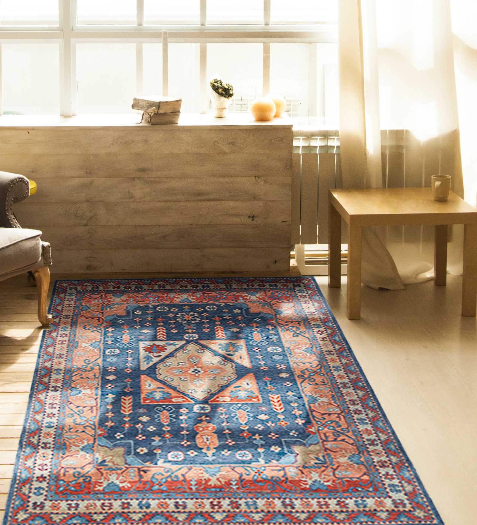 Blue Wool Traditional 4 ft x 6 ft Hand Tufted Carpet