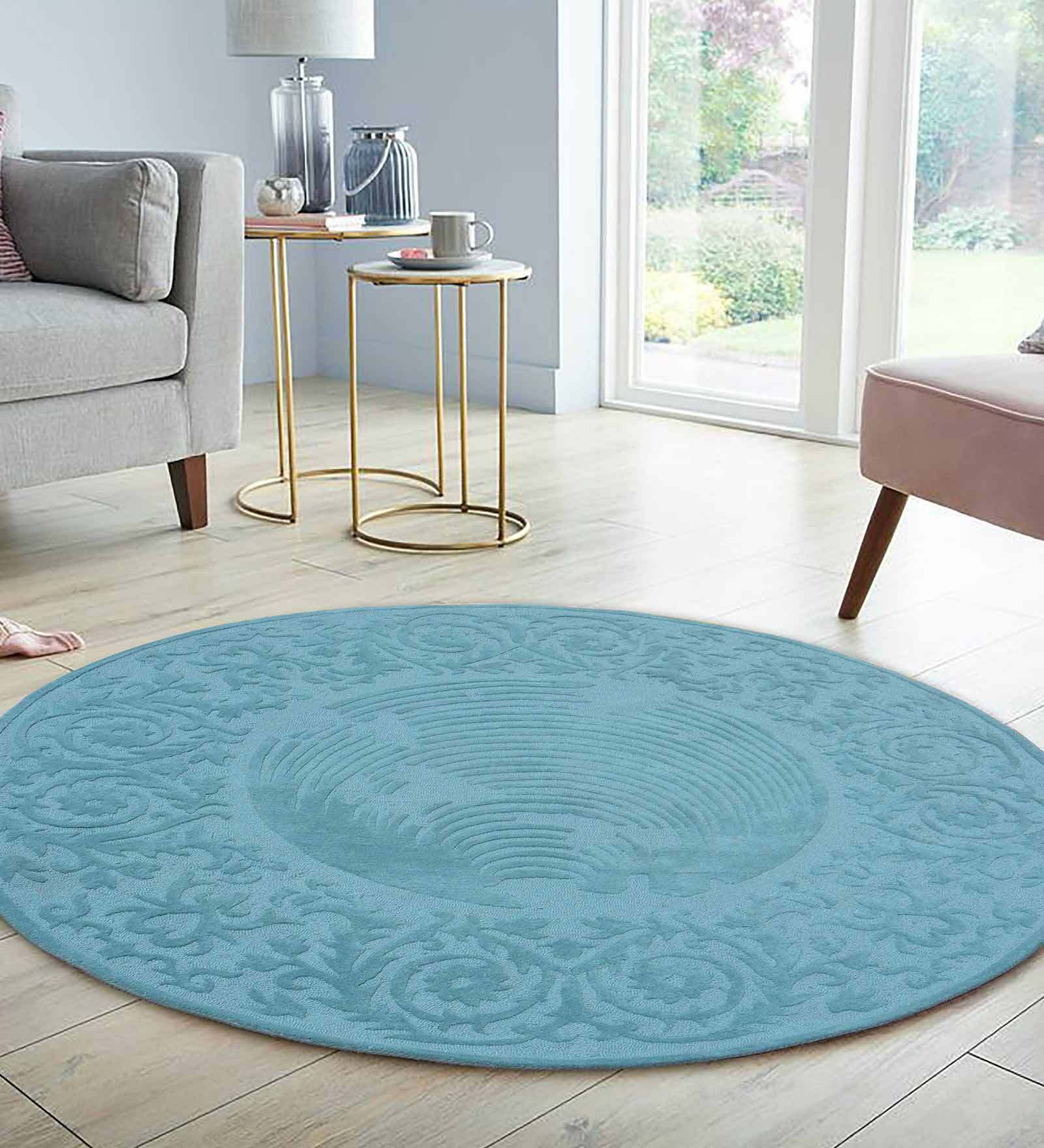 Blue Wool Traditional 6 ft x 6 ft Hand Tufted Carpet