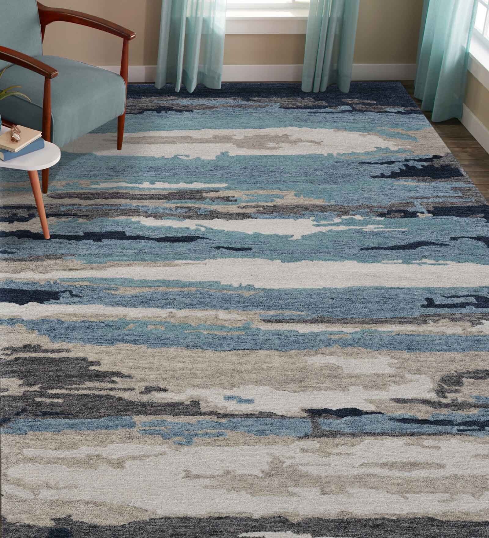 Blue Abstract Viscose 8 ft x 10 ft Hand Tufted Carpet