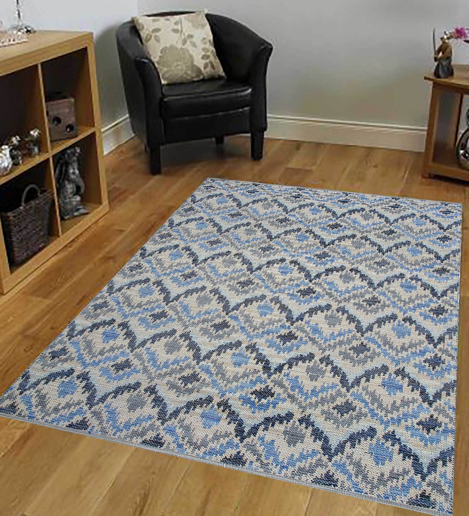 Blue Abstract Wool 5 ft x 7 ft Hand Woven Carpet
