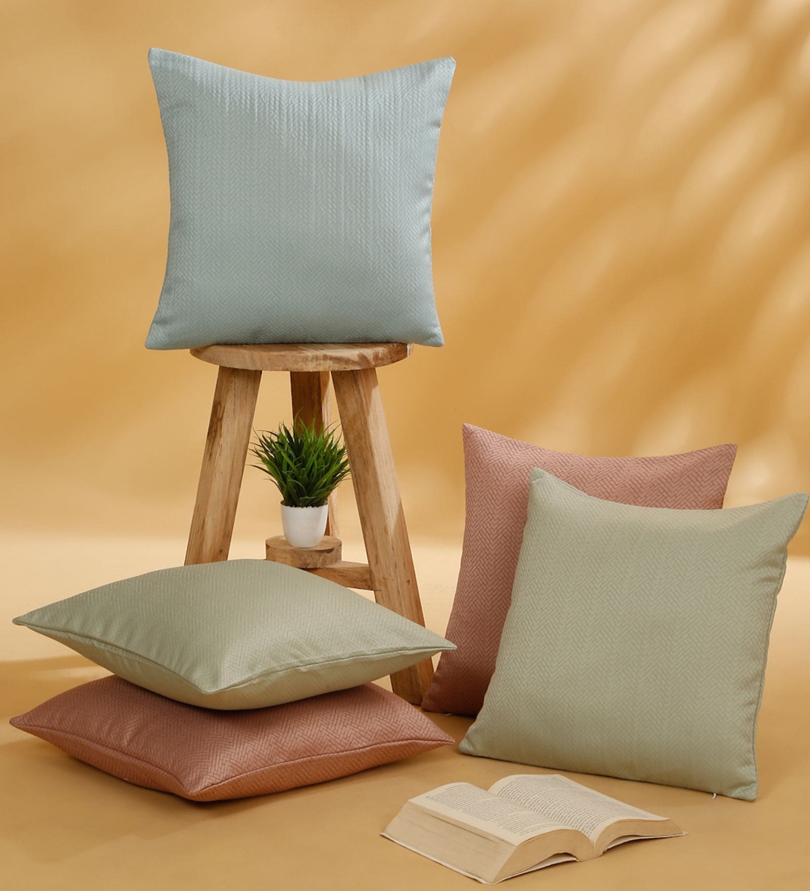 Blush,Green and Light Blue Polyester Jacquard 16x16 inches Cushion Cover Set of 5