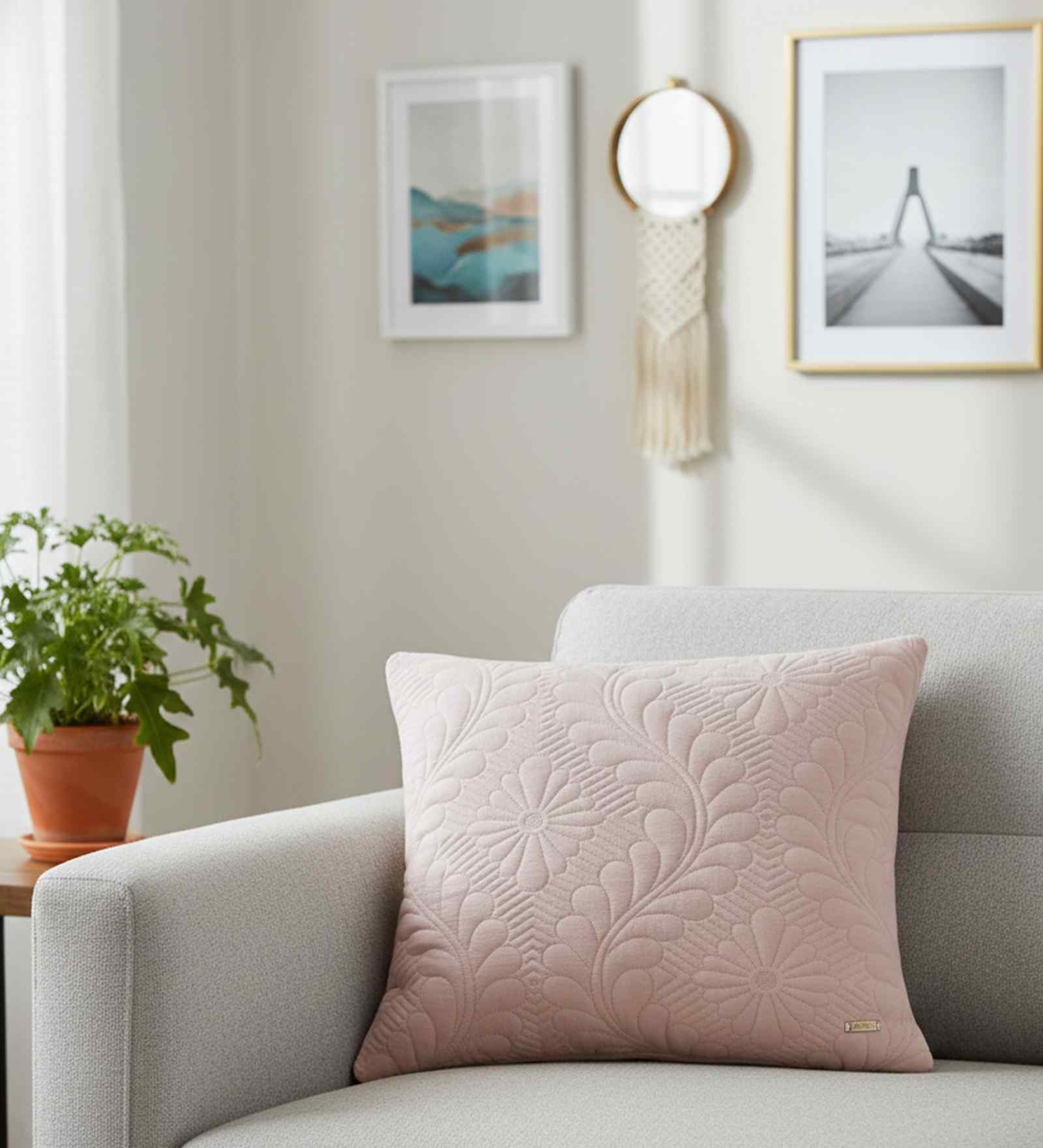 Blush Pink 100% Combed Cotton Flora 18X18 Inches Knitted Cushion Cover With Filler