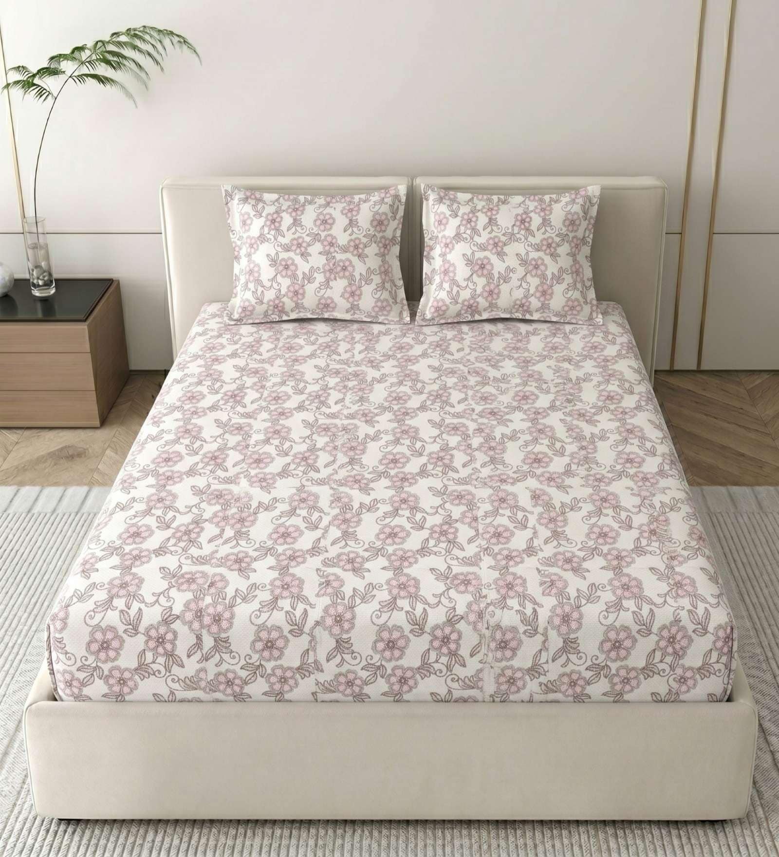 Blush Pink Grace Double 186 TC Cotton Bedsheet With 2 Matching Pillow Covers