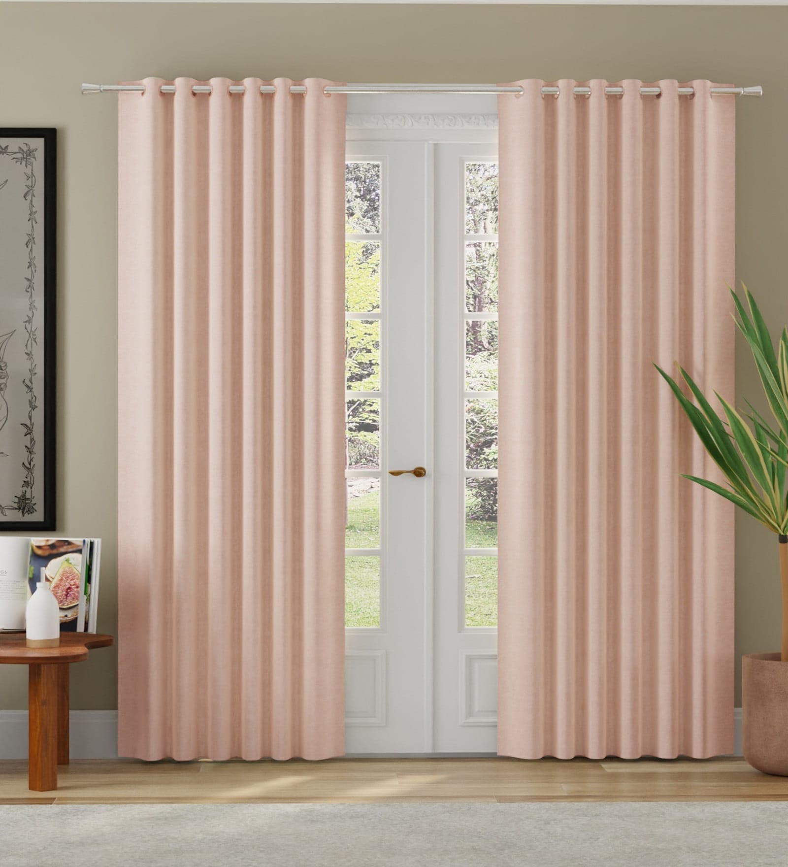 Blush Polyester Solid Jacquard 7ft Room Darkening Eyelet Door Curtains (2 Pc)