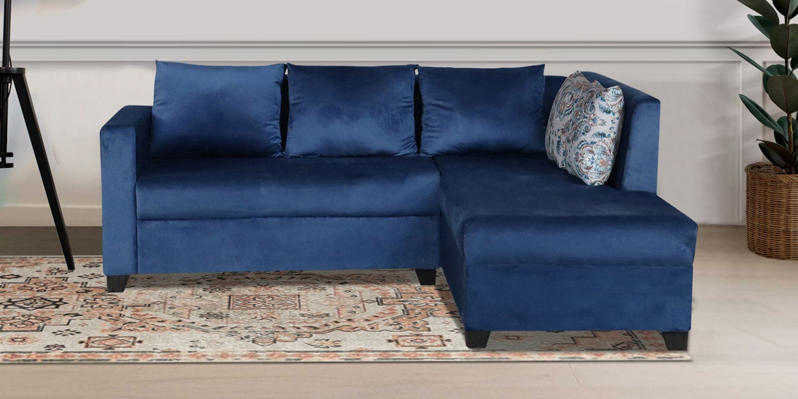 Buy Blissplus Velvet LHS Sectional Sofa (2+Lounger) in Blue Colour at