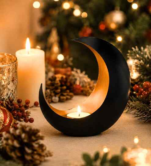 Black & Gold Metal Moon Tealight Holder, Celestial Candle Holder (Iron)