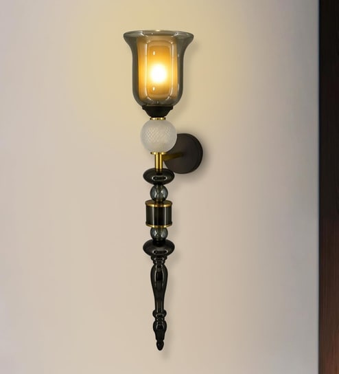 Black & Gold Metal Wall Sconce with Amber Glass Shade