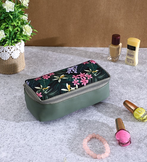 Black & Green Floral Printed Make Up Pouch