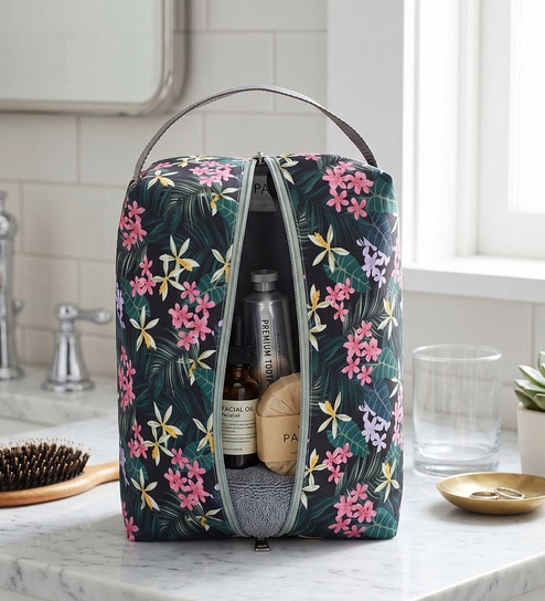 Black & Green Floral Printed Toiletry Pouch