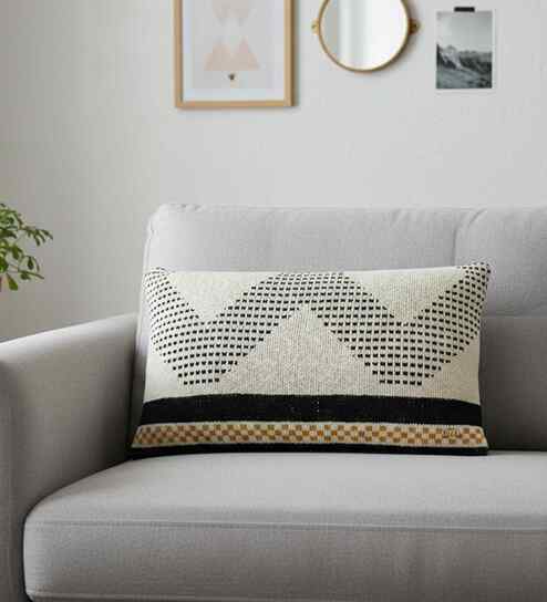 Black & Natural 100% Cotton Diamond Check 12X20 Inches Knitted Cushion Cover