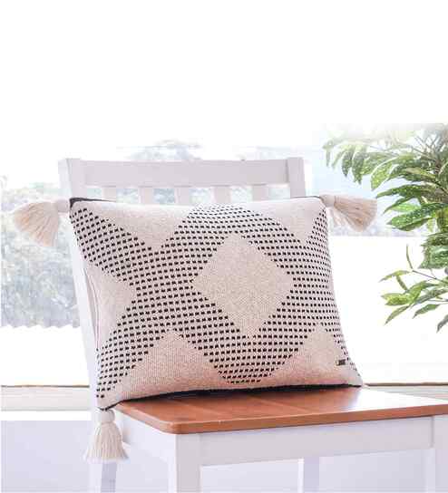 Black & Natural 100% Cotton Diamond Check 16X16 Inches Knitted Cushion Cover