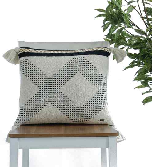 Black & Natural 100% Cotton Diamond Check 18X18 Inches Knitted Cushion Cover