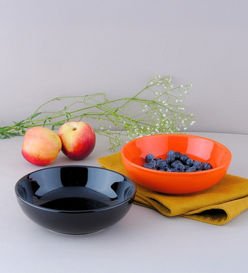 (Set Of 2) Black & Orange Stoneware Snack Bowl