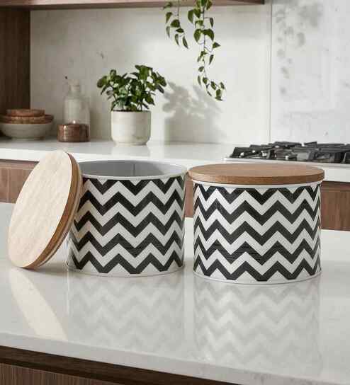 Black & White Chevron Printed Metal Airtight Containers With Wooden Lids Set Of 2-image-9