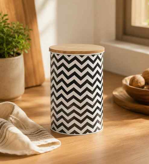 Black & White Chevron Printed Metal Airtight Storage Container With Wooden Lid-image-8