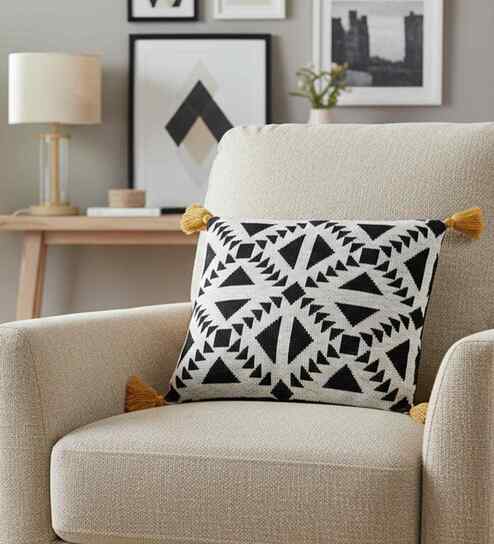 Black and Mustard 100% Cotton Abstract 16X16 Inches Knitted Cushion Cover