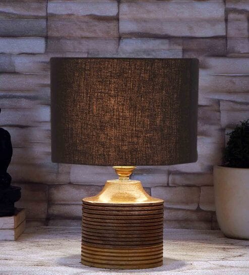 Black  Shade Table Lamp With Wood Base By New Era