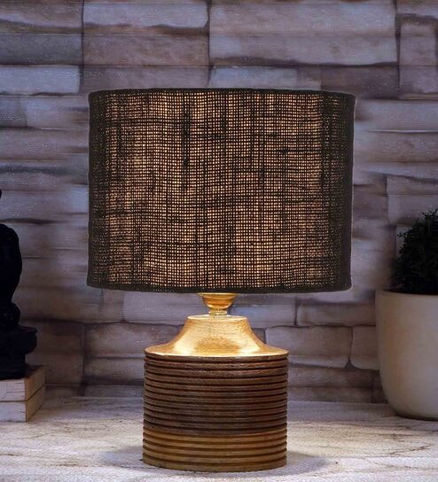 Black  Shade Table Lamp With Wood Base By New Era