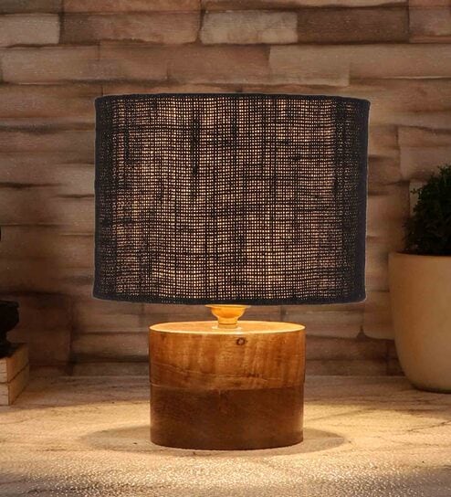 Black  Shade Table Lamp With Wood Base By New Era