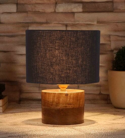 Black  Shade Table Lamp With Wood Base By New Era