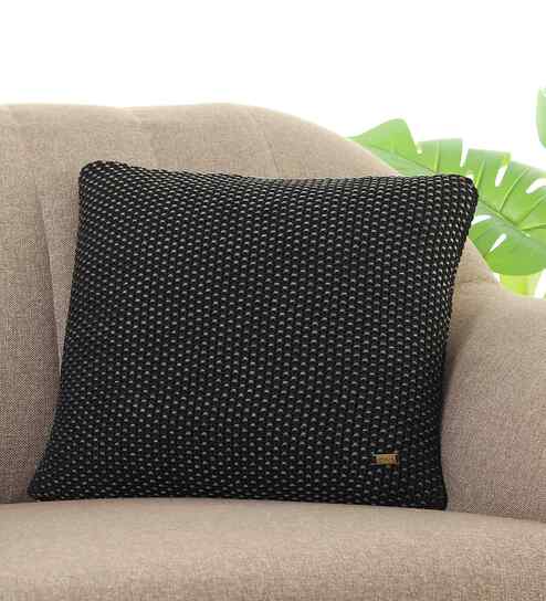 Black 100% Cotton Moss 16X16 Inches Knitted Cushion Cover