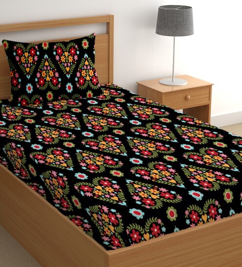 Black 180 TC Floral Cotton Single Bedsheet Pillow covers