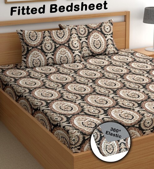 Black 200 TC Abstract Cotton Fitted Double Bedsheet 2 Pillow covers