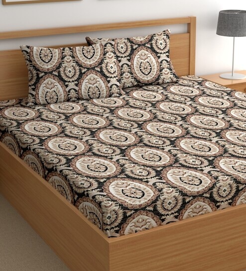 Black 200 TC Abstract Cotton Queen Double Bedsheet 2 Pillow covers