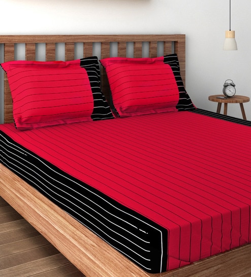 Black 240 TC Stripes Print Cotton Single Bed Sheet with 1 Pillow Cover