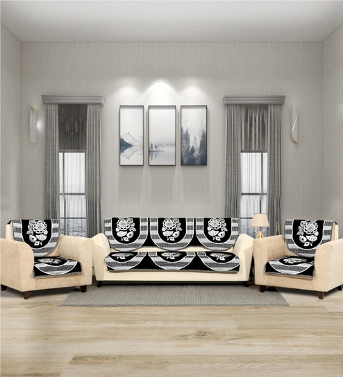 Black 5 Seater Floral 10Pcs Sofa Covers