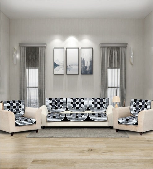 Black 5 Seater Checkered 10Pcs Sofa Covers