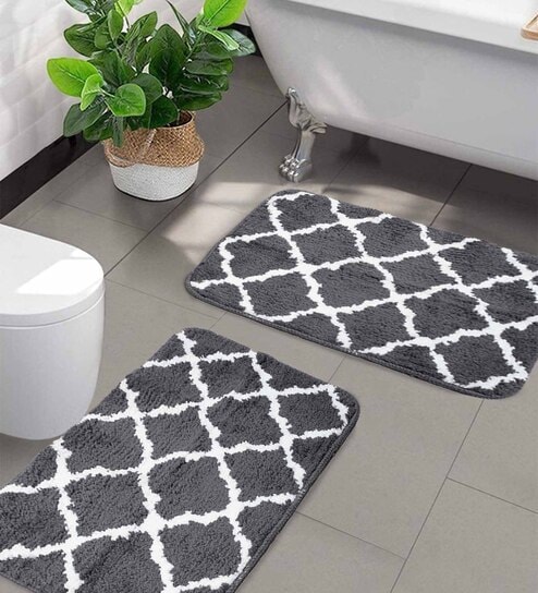 Modern Abstract No. 1  Black, White, Taupe + Gray Bath Mat by