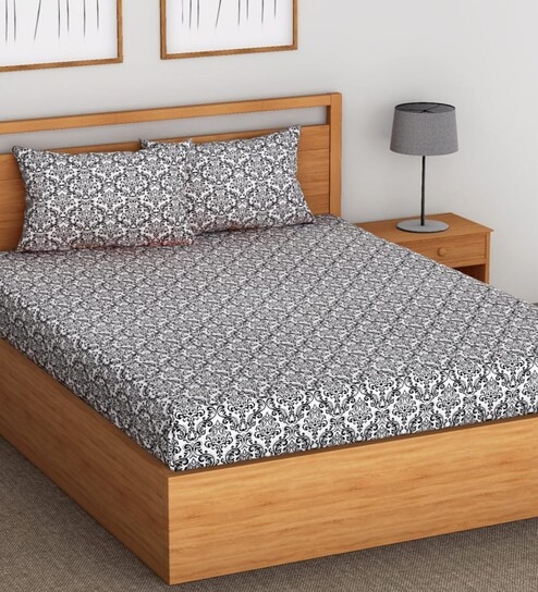 Black Abstract 144 TC 100% Cotton Fitted Bedsheet & 2 Pillow Covers