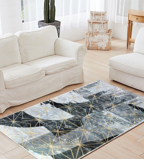 Black Abstract Microfibre 4 ft X 6 ft Machine Made Carpet