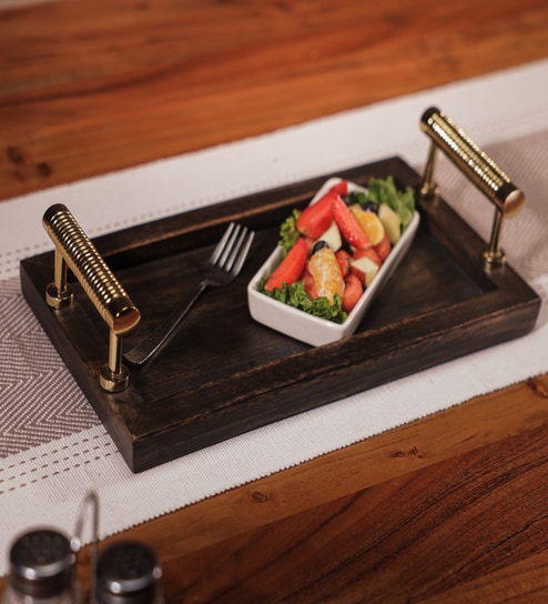 Black Acacia Wood  Serving Tray With Metal Handles