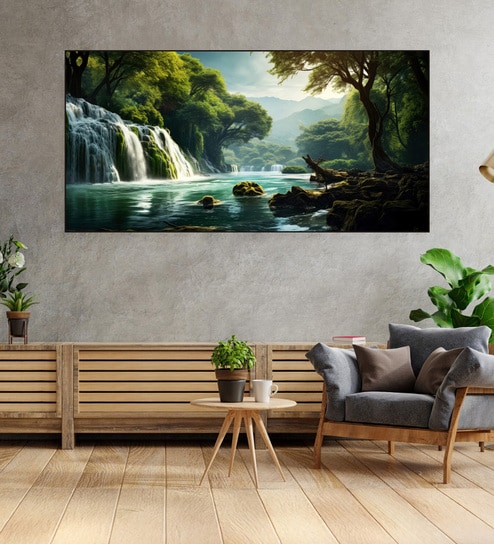Black Canvas Framed Enchanted Forest Waterfall Pink Serenity Wall Painting(24X48 Inch)