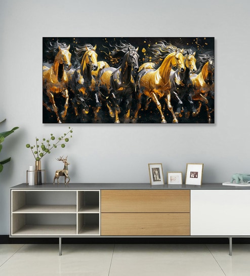 Black Canvas Framed Majestic Equine Serenity in Nature Wall Painting(24X48 Inch)