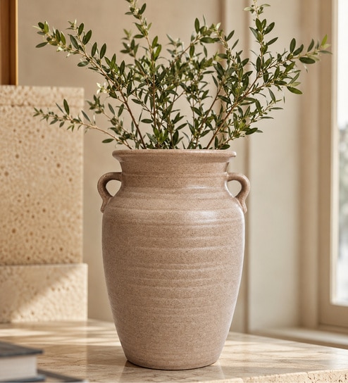 Black Charcoal Rustic Vase with Handles Vintage Style Flower Vase