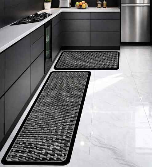 Black Checks Design 40x60 cm Kitchen Floor Mats (Set of 2)