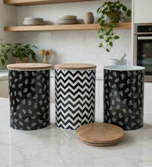 vareesha Black Chevron & Paisley Printed Metal Airtight Containers Set Of 3-picture-46