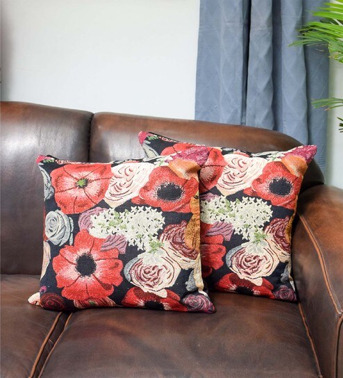 Buy Set Of 2 Floral Pattern Cotton Red Cushion Covers 18 X 18