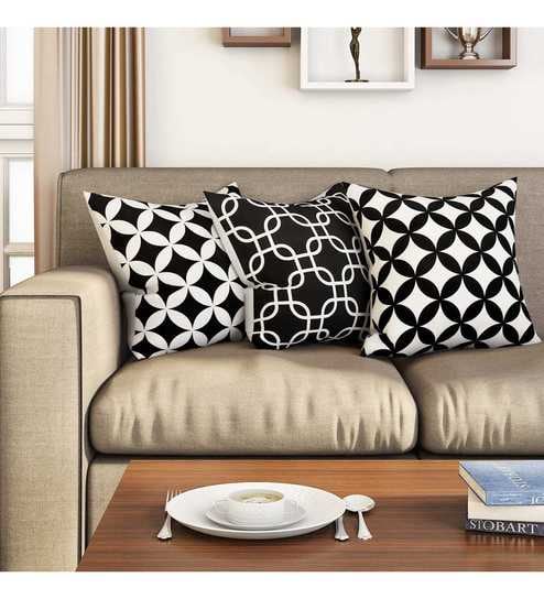 Black Geometric Cotton 16 x 16 Inches Cushion Covers (Set of 3)