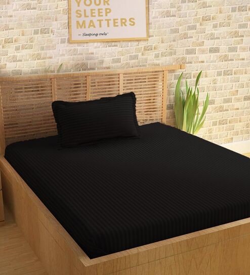 Black Cotton 210TC Striped Single Bedsheet with 1 Pillow Cover