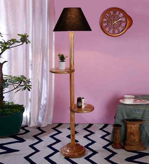 Black Cotton Conical Wooden Floor Lamp