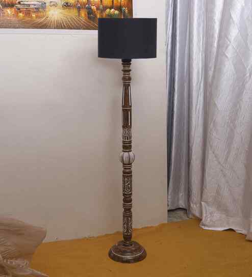 Black Cotton Drum Wooden Floor Lamp