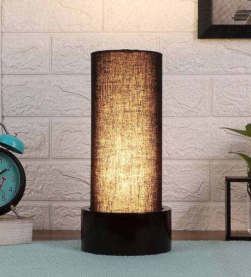 Black Cotton Fabric Shade Table Lamp With Wood Base By New Era