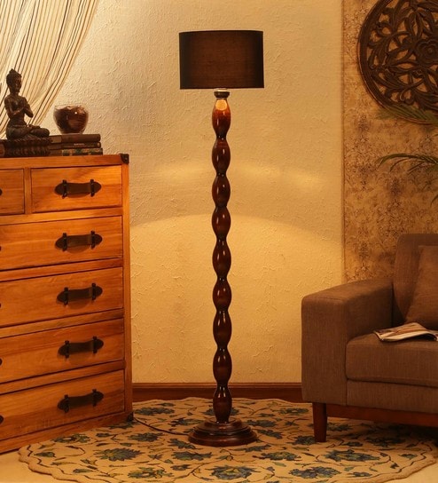 Buy Black Cotton Shade Floor Lamp With Wood Base By Tu Casa Online