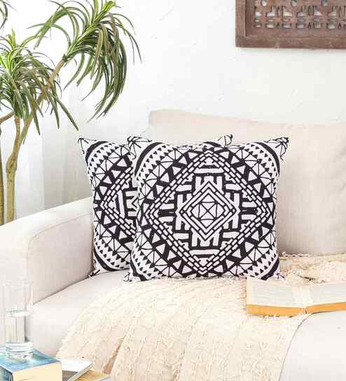 Black Cotton Geometric 16x16 inches Cushion Cover Set of 2