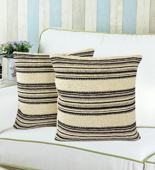 Black Striped Cotton 16 x 16 Inches Cushion Covers (Set of 2)