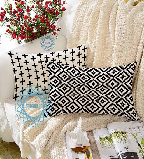 Black Cotton Geometric 18x12 inches Cushion Covers (Pack of 2)